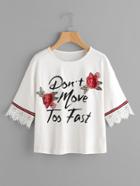 Romwe Lace Trim Rose Patch Graphic Tee