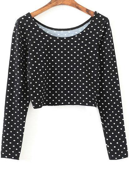 Romwe Black Polka Dot Long Sleeve Crop T-shirt