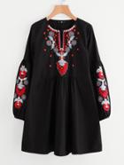 Romwe Buttoned Keyhole Front Lantern Sleeve Embroidered Smock Dress