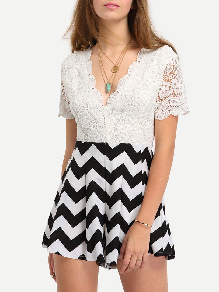 Romwe Backless Lace Top Chevron Print Romper