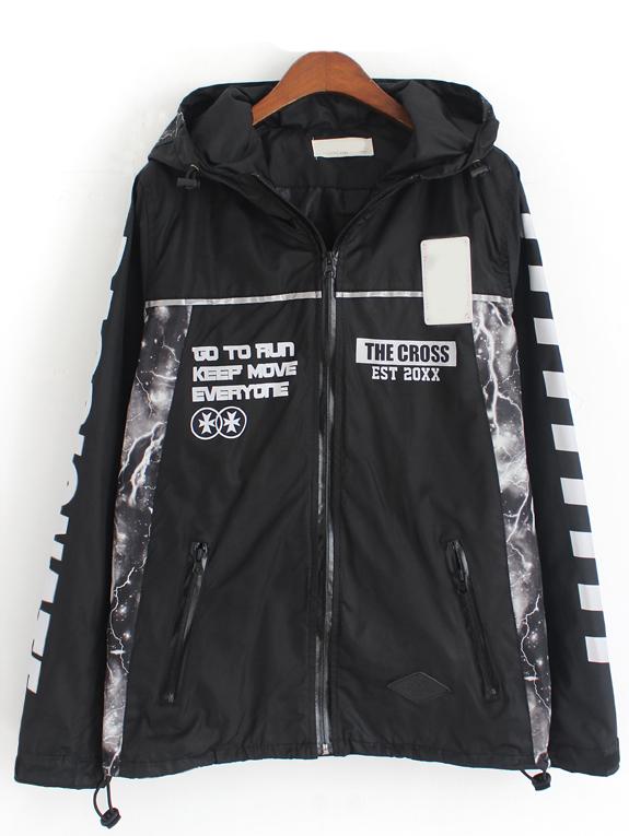 Romwe Black Hooded With Zipper Letter Print Coat
