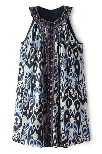 Romwe Retro Floral Print Embroidered Halting Lined Dress