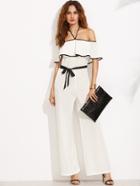 Romwe Halter Frill Tie Waist Contrast Binding Jumpsuit