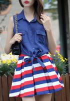 Romwe Lapel Pockets Knotted Top With Striped Flare Skirt