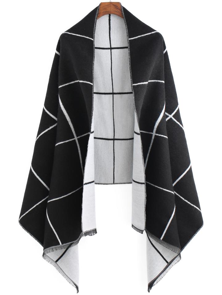 Romwe Plaid Fringes Black Scarf