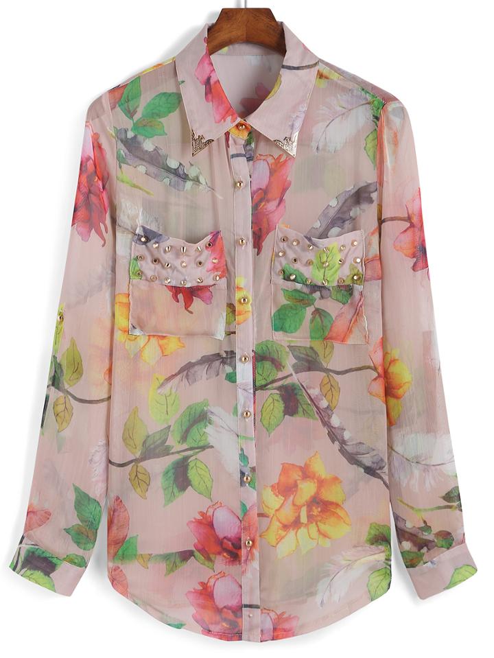 Romwe Lapel Florals Rivets Pockets Blouse