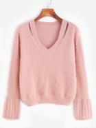Romwe Pink Cut Out Neck Bell Sleeve Fuzzy Sweater