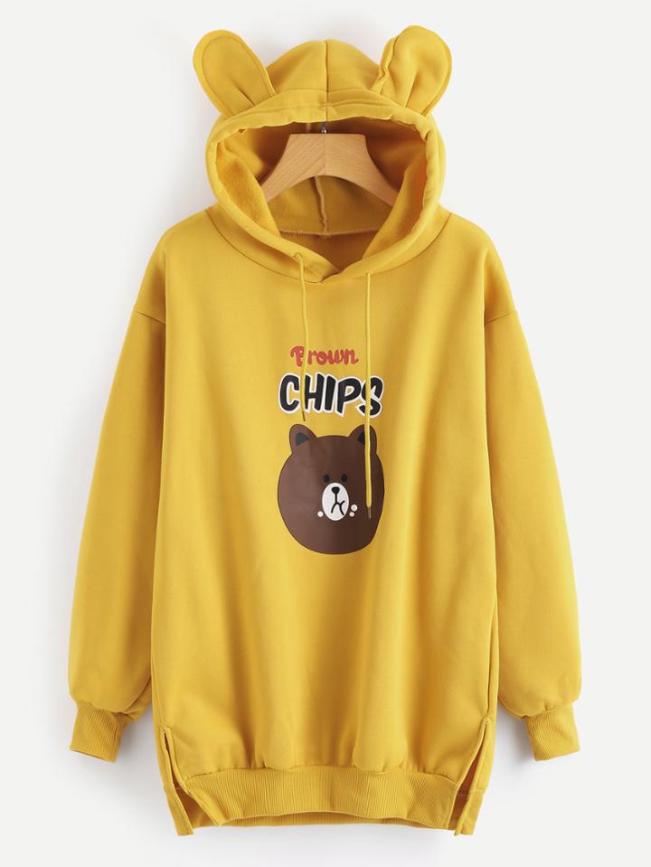Romwe Split Side Bear Print Hoodie