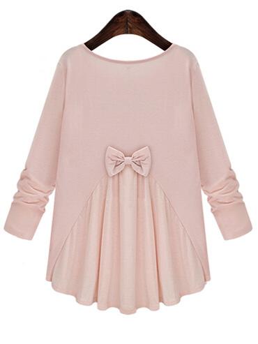 Romwe Pink Round Neck Long Sleeve Bow Loose Blouse