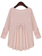 Romwe Pink Round Neck Long Sleeve Bow Loose Blouse
