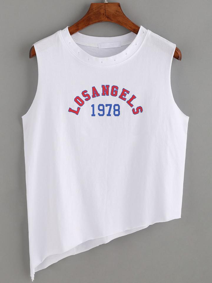 Romwe White Letter Print Asymmetric Top