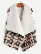 Romwe Beige Plaid Fleece Lined Drape Collar Vest