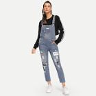 Romwe Ripped Letter Print Faded Wash Denim Overalls