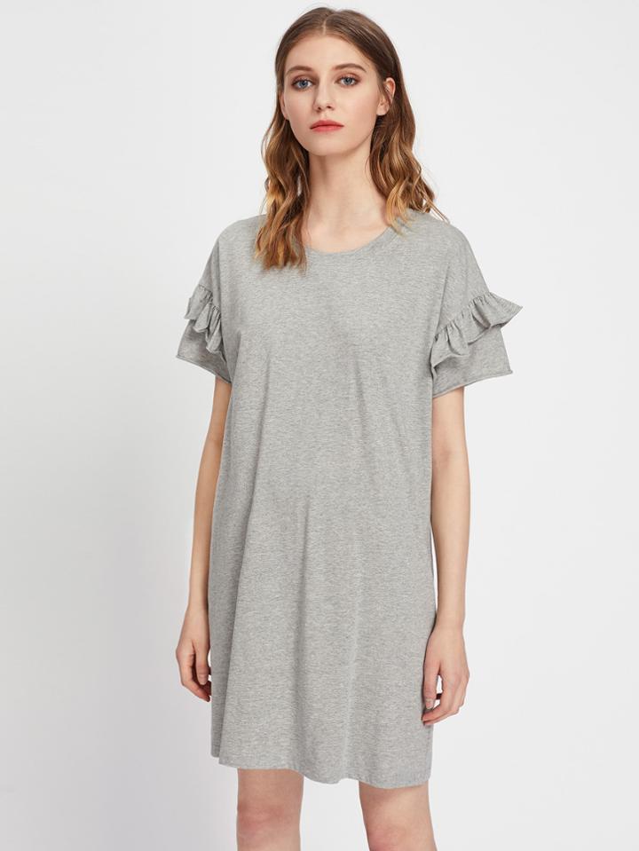 Romwe Marled Knit Drop Shoulder Frilled Sleeve Tee Dress