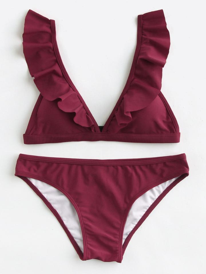 Romwe Ruffle Detail Adjustable Strap Bikini Set