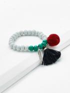 Romwe Pom Pom & Tassel Decorated Beaded Bracelet