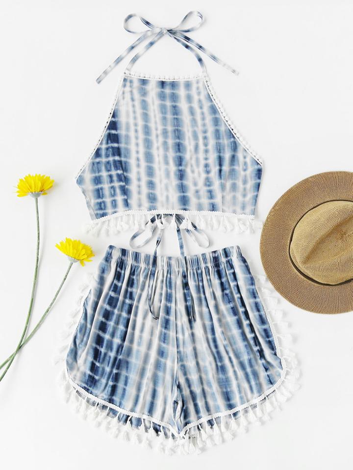 Romwe Water Color Tie Back Tasseled Trim Cami Top With Shorts
