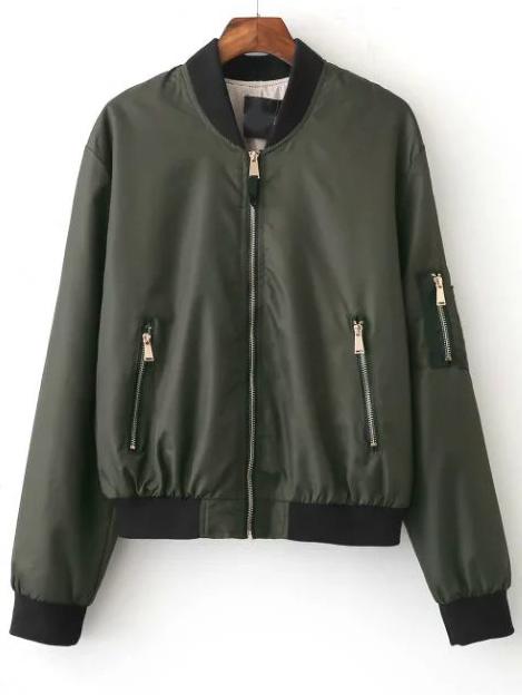Romwe Dark Green Zipper Up Bomber Jacket