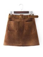 Romwe Quilted Velvet Skirt With Belt
