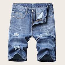 Romwe Guys Ripped Bermuda Wash Denim Shorts