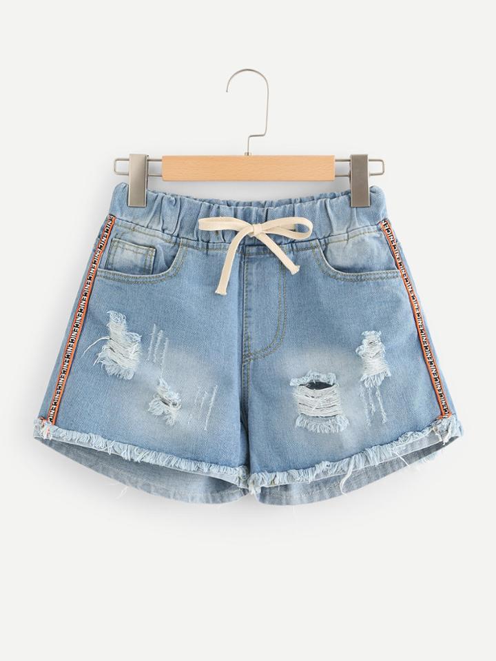 Romwe Letter Tape Side Drawstring Denim Shorts