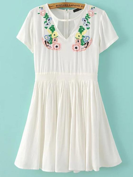 Romwe White Floral Embroidery Cutout Dress