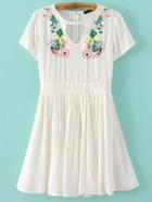 Romwe White Floral Embroidery Cutout Dress
