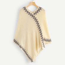 Romwe Fringe V Neck Cloak Sweater