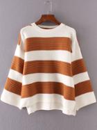Romwe Khaki Striped Ribbed Side Slit High Low Sweater