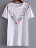 Romwe White Sequined And Pompom T-shirt