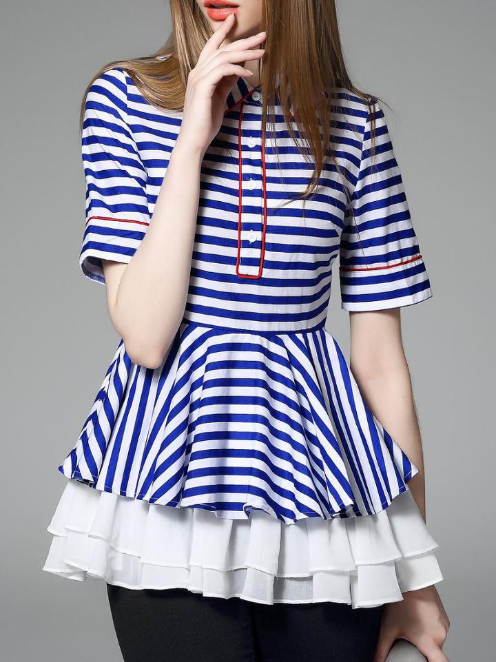 Romwe Blue White Lapel Ruffle Striped Blouse