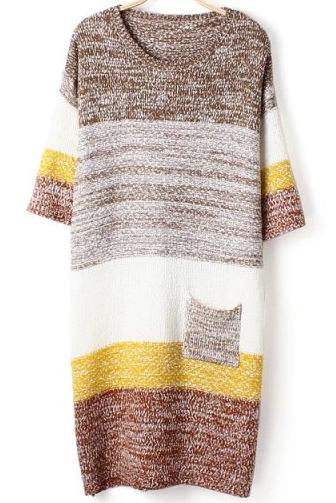 Romwe Khaki Round Neck Pocket Knit Sweater