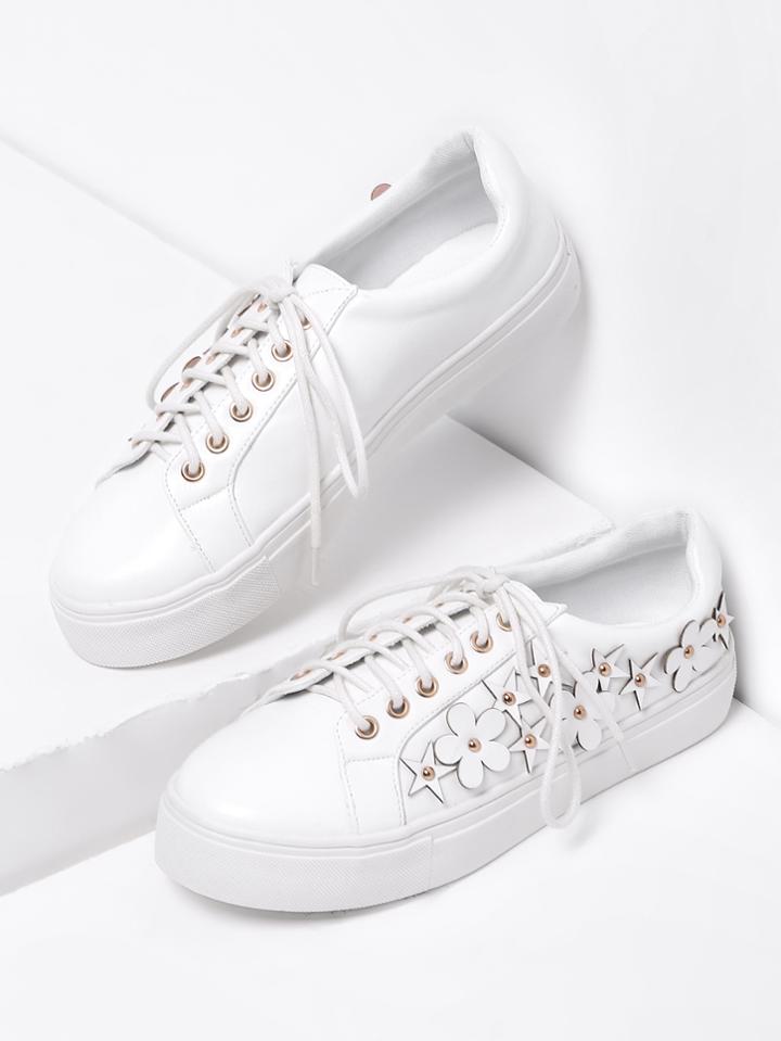 Romwe Flower Embellished Lace Up Faux Leather Sneakers
