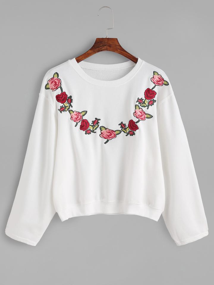 Romwe White Florals Embroidered Drop Shoulder Seam Sweatshirt