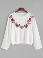 Romwe White Florals Embroidered Drop Shoulder Seam Sweatshirt