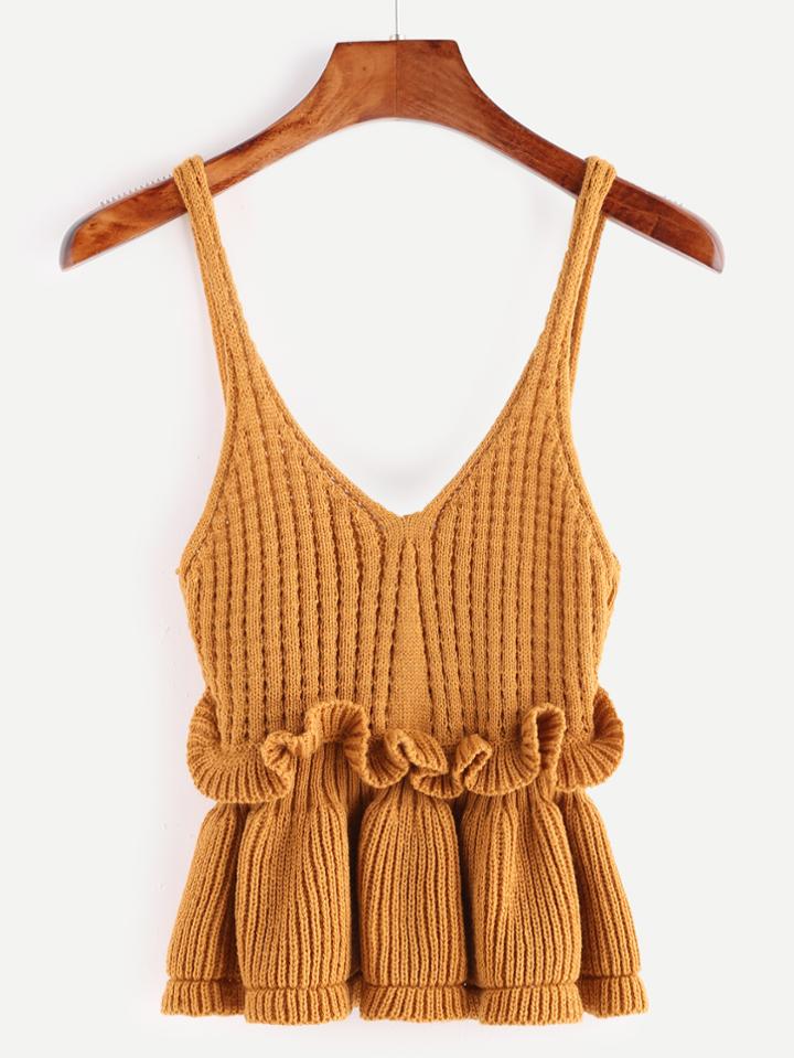Romwe Khaki Ruffle Trim Peplum Sweater Vest
