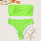Romwe Neon Lime Bandeau With High Leg Bikini Set
