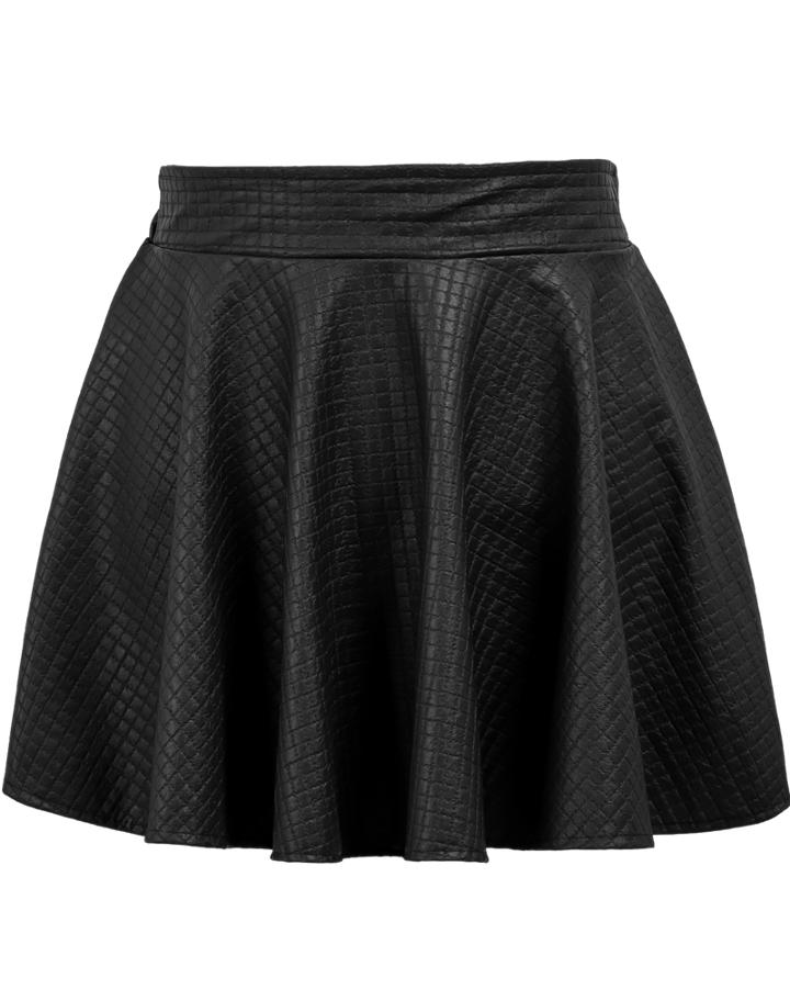 Romwe Plaid Pleated Leather Black Skirt