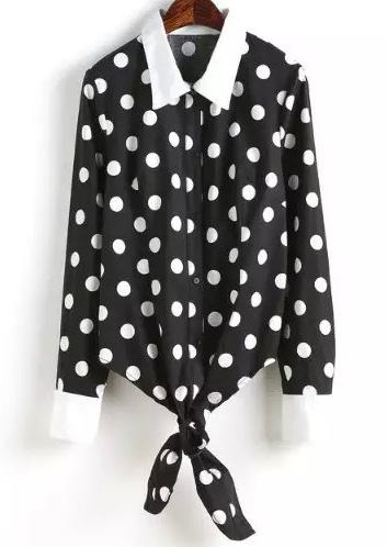 Romwe Black Lapel Long Sleeve Polka Dot Knotted Blouse