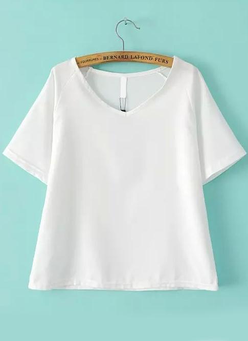 Romwe V Neck Chiffon White T-shirt