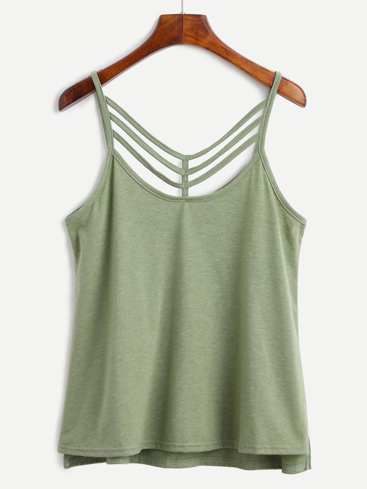 Romwe Green V Back Strappy Dip Hem Caim Top