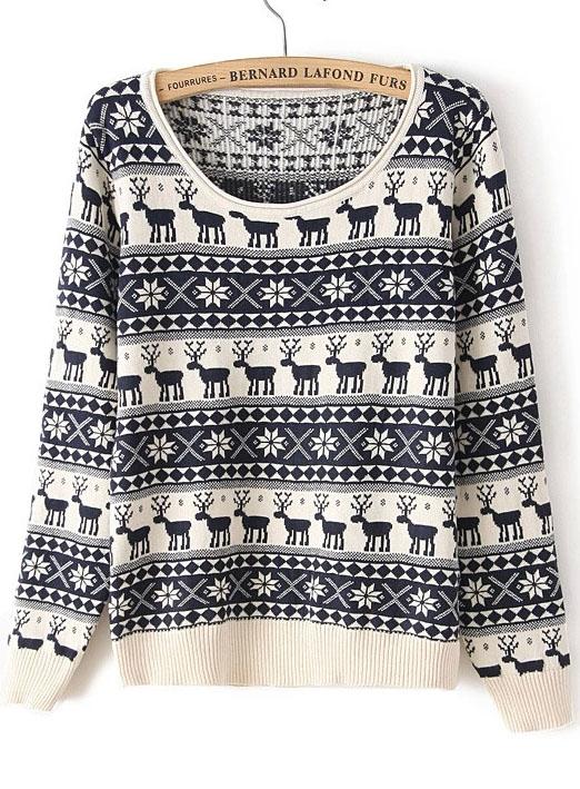 Romwe Deer Print Black Knit Sweater