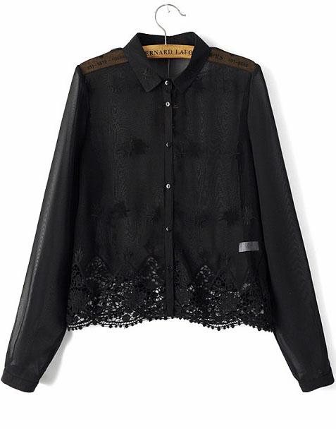 Romwe Black Lapel Embroidered Crop Chiffon Blouse
