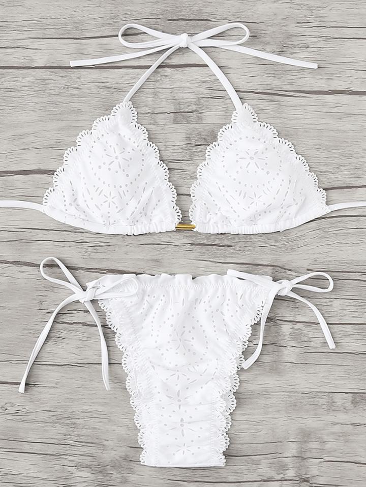 Romwe Laser Cut Scalloped Trim Bikini Set