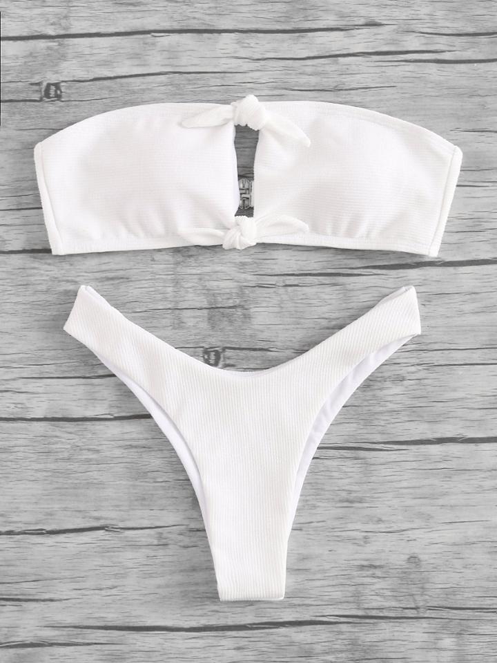 Romwe Knot Detail High Leg Bandeau Bikini Set