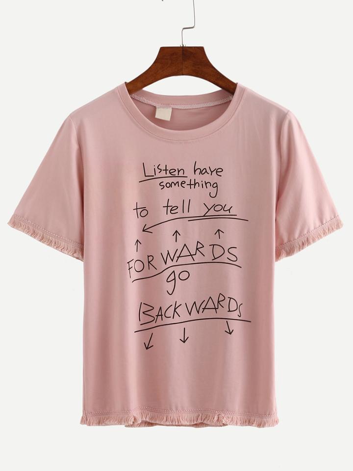Romwe Letter Print Fringe Trimmed T-shirt - Pink