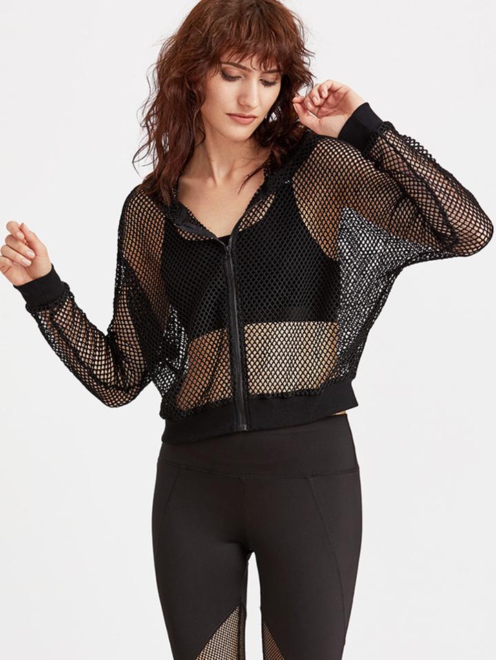 Romwe Zip Up Hooded Fishnet Jacket