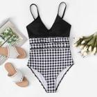 Romwe Gingham Hollow-out One Piece Swimsuit