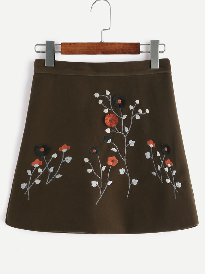 Romwe Army Green Velvet Flower Embroidered A-line Skirt