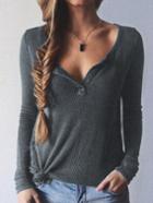 Romwe Women Grey V Neck Casual Sweater